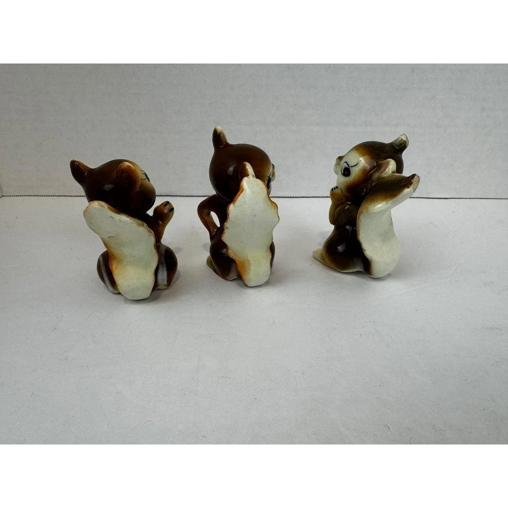 Vintage Ceramic Squirrel‎ Figurines Set of 3 Brown Cream Mid Century Kitsch 3in